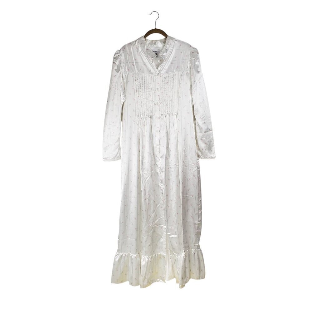 Laura Adams Long Sleeve Nightgown White Satin Modest Button Up Womens Large